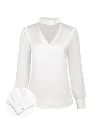 Blusa in raso con scollo tondo e maniche a sbuffo bianco anni '40