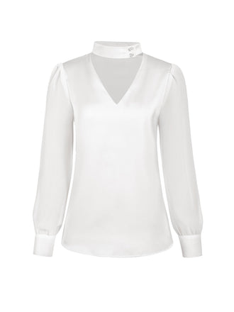 Blusa in raso con scollo tondo e maniche a sbuffo bianco anni '40