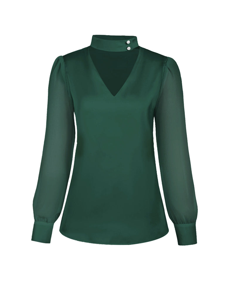 Blusa in raso con scollo tondo e maniche a sbuffo bianco anni '40