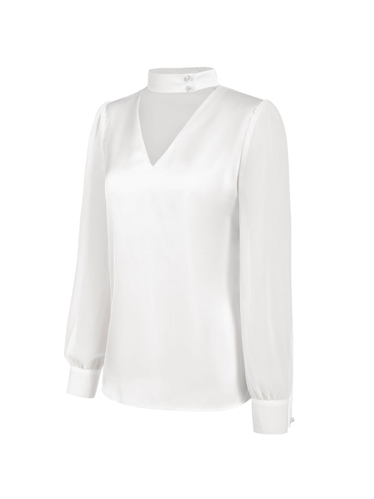 Blusa in raso con scollo tondo e maniche a sbuffo bianco anni '40