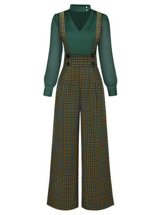 2PCS camicetta  maniche a sbuffo in raso e pantaloni anni '40