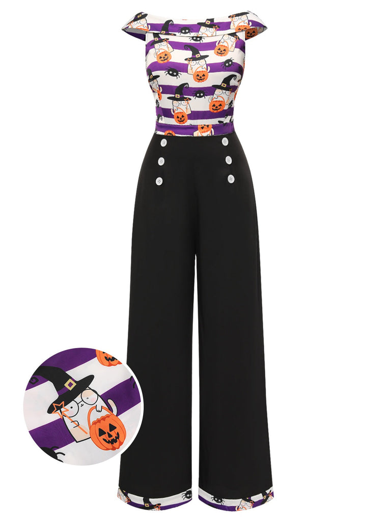 Tuta lunga con spalle scoperte e zucca patchwork nero anni '50