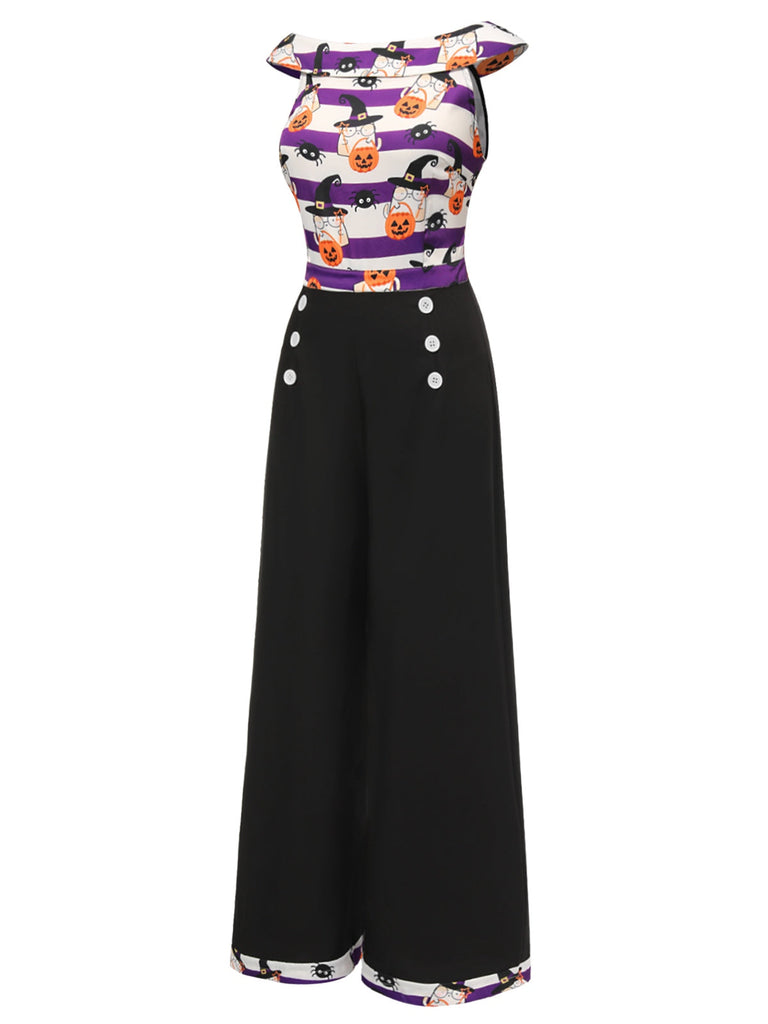 Tuta lunga con spalle scoperte e zucca patchwork nero anni '50