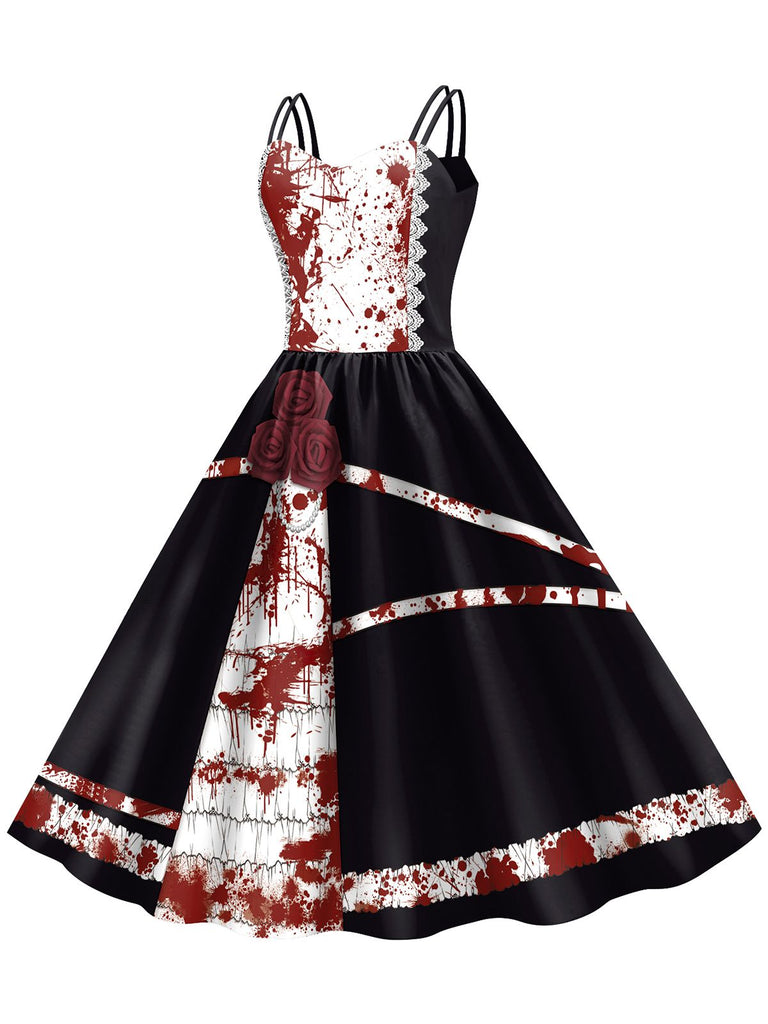 Abito macchie di sangue e rose con spalline Halloween anni '50