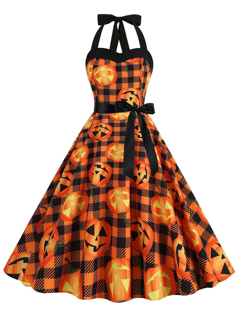 Abito a faccia di zucca scollo all'americana Halloween anni '50