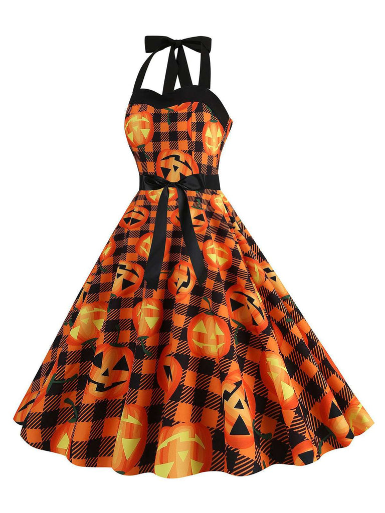 Abito a faccia di zucca scollo all'americana Halloween anni '50