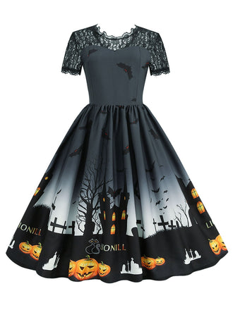 Abito a maniche corte in pizzo patchwork Halloween anni '50