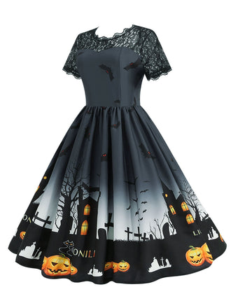 Abito a maniche corte in pizzo patchwork Halloween anni '50