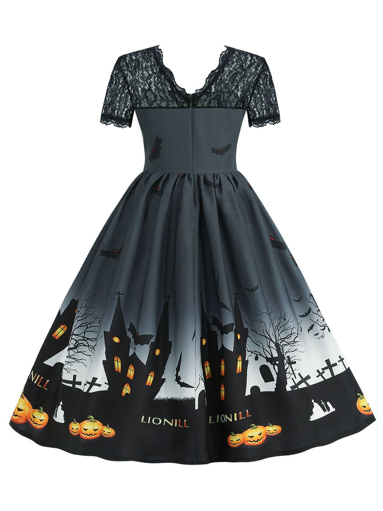 Abito a maniche corte in pizzo patchwork Halloween anni '50