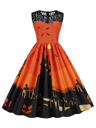 Abito senza maniche in pizzo patchwork Halloween anni '50