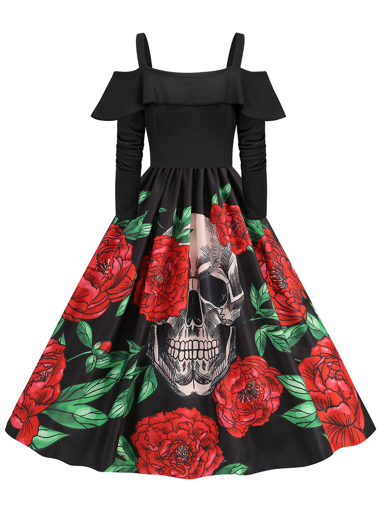Abito con rose e teschio Halloween spalle scoperte nero anni '50