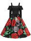 Abito con rose e teschio Halloween spalle scoperte nero anni '50