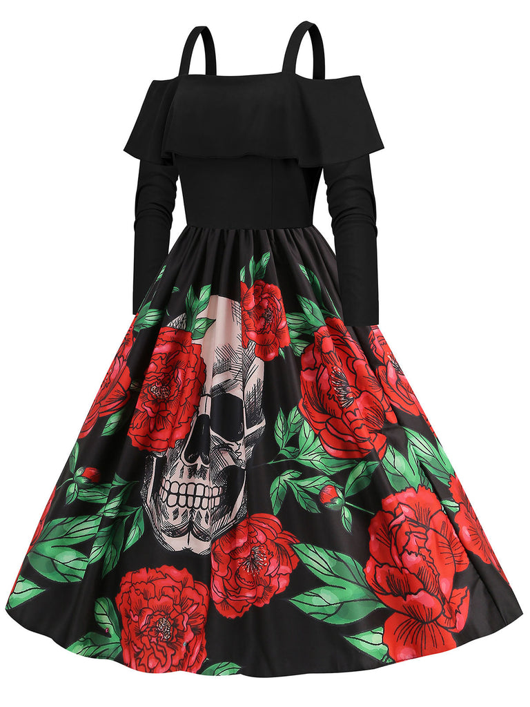 Abito con rose e teschio Halloween spalle scoperte nero anni '50