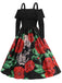 Abito con rose e teschio Halloween spalle scoperte nero anni '50