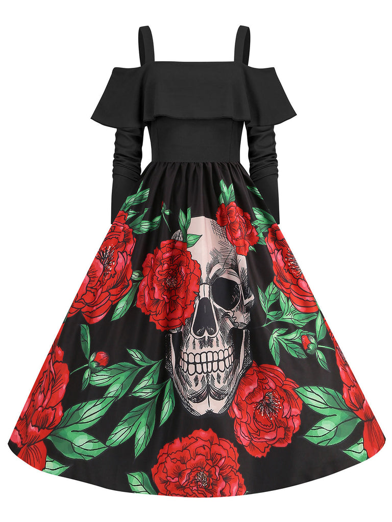 Abito con rose e teschio Halloween spalle scoperte nero anni '50