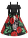 Abito con rose e teschio Halloween spalle scoperte nero anni '50