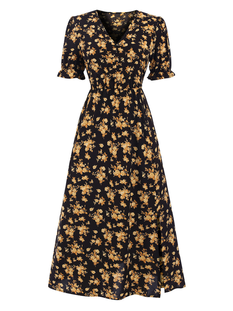 Abito midi boho floreale volant con scollo a V anni '40