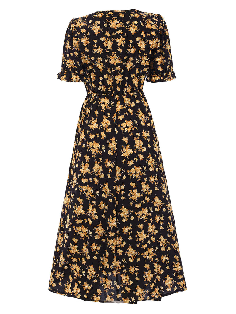 Abito midi boho floreale volant con scollo a V anni '40