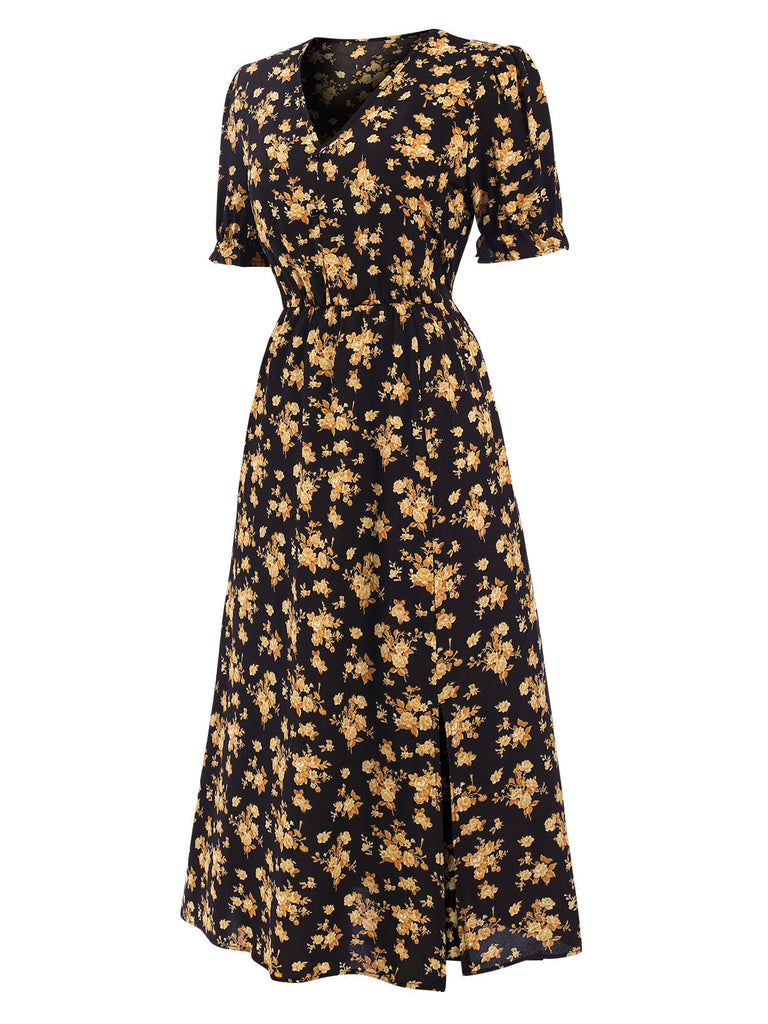 Abito midi boho floreale volant con scollo a V anni '40