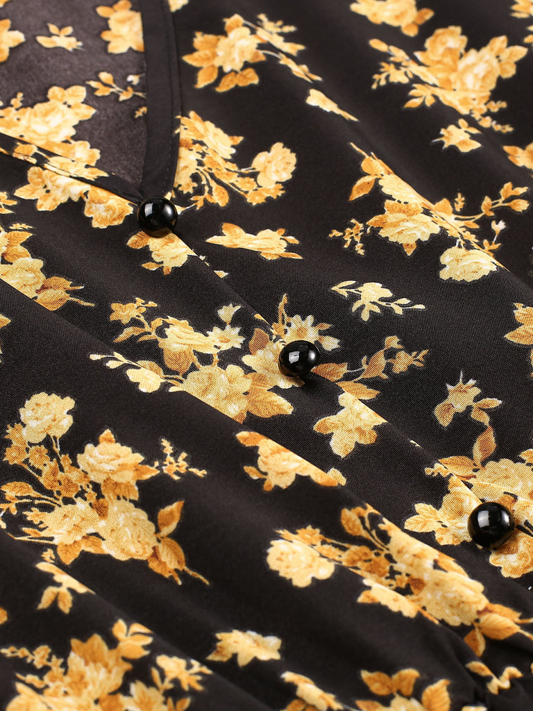 Abito midi boho floreale volant con scollo a V anni '40