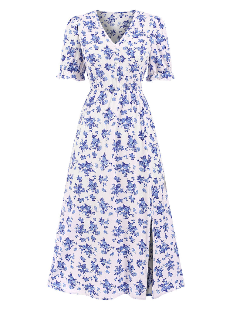 Abito midi boho floreale volant con scollo a V anni '40