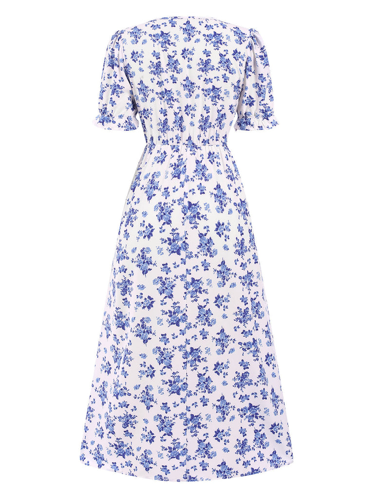 Abito midi boho floreale volant con scollo a V anni '40