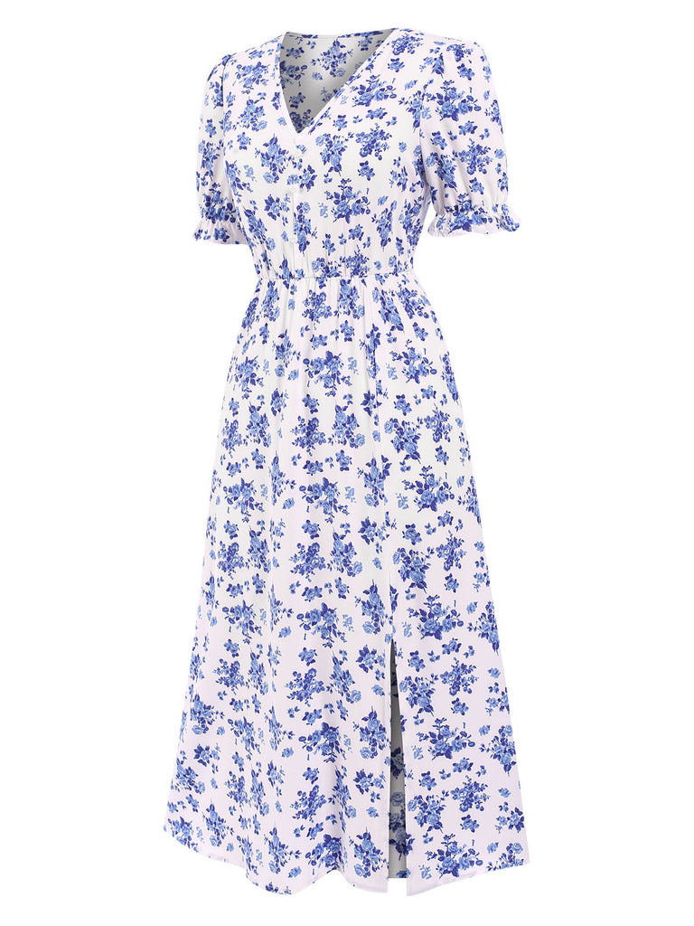 Abito midi boho floreale volant con scollo a V anni '40