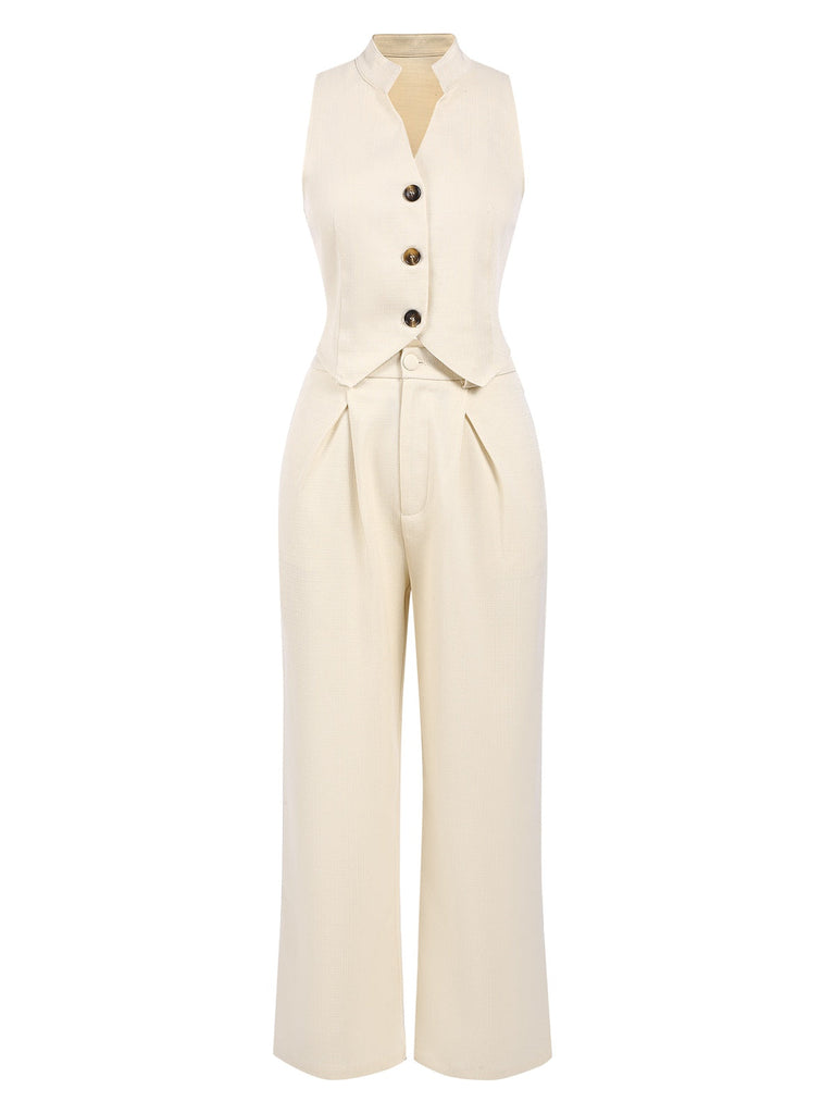 2PCS Canotta bottoni e pantaloni a gamba larga beige anni '60