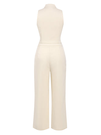 2PCS Canotta bottoni e pantaloni a gamba larga beige anni '60