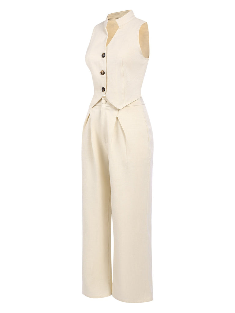 2PCS Canotta bottoni e pantaloni a gamba larga beige anni '60