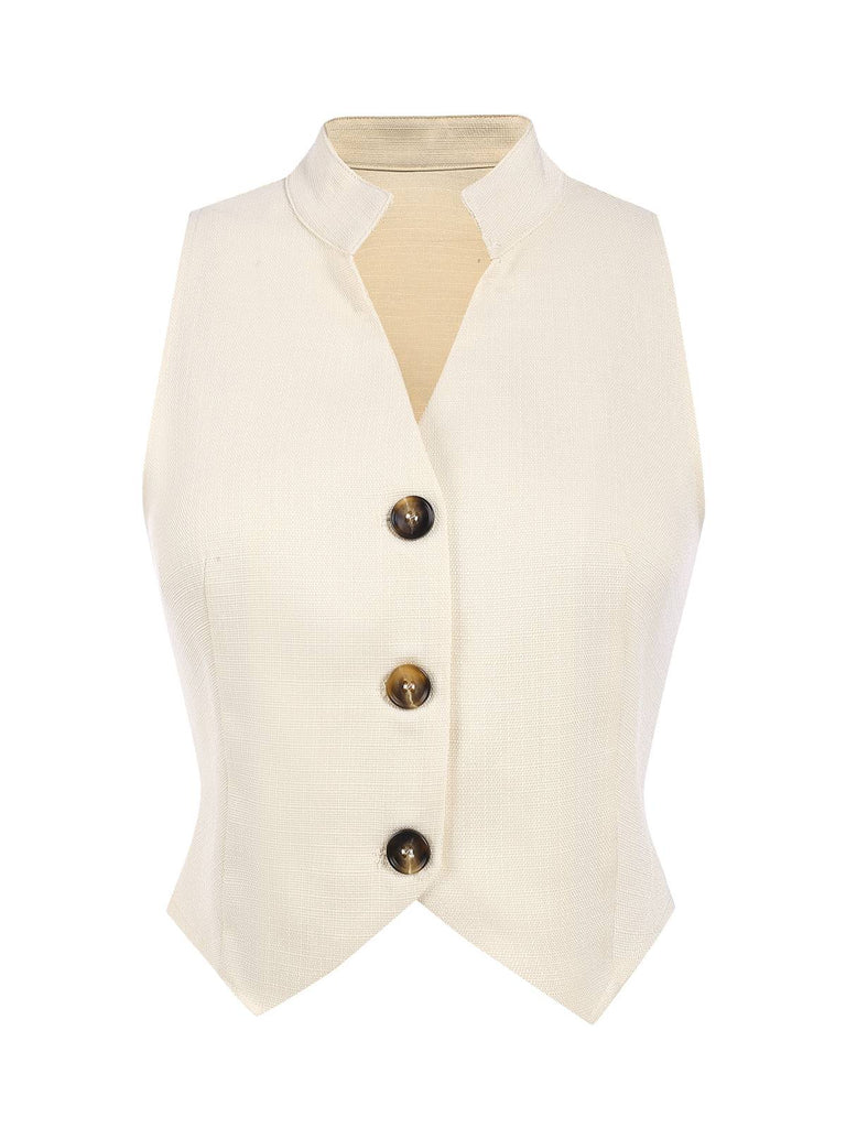 2PCS Canotta bottoni e pantaloni a gamba larga beige anni '60