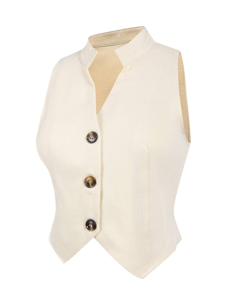 2PCS Canotta bottoni e pantaloni a gamba larga beige anni '60