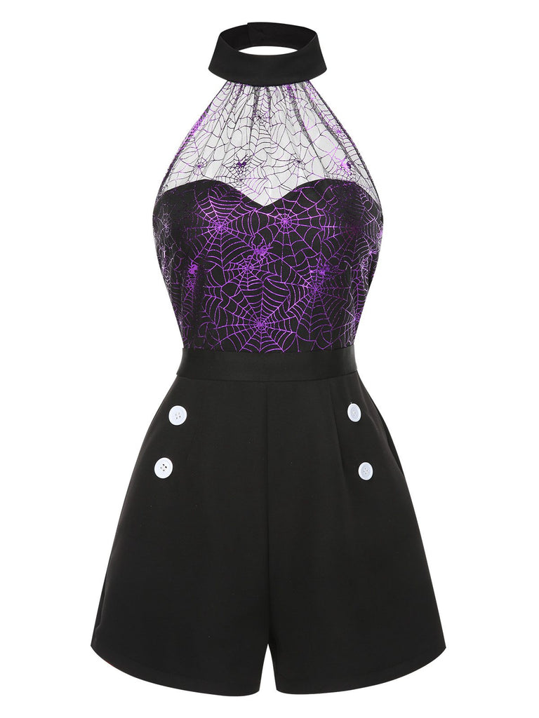 2PCS Tuta corta e gonna a rete a ragnatela nero e viola anni '50