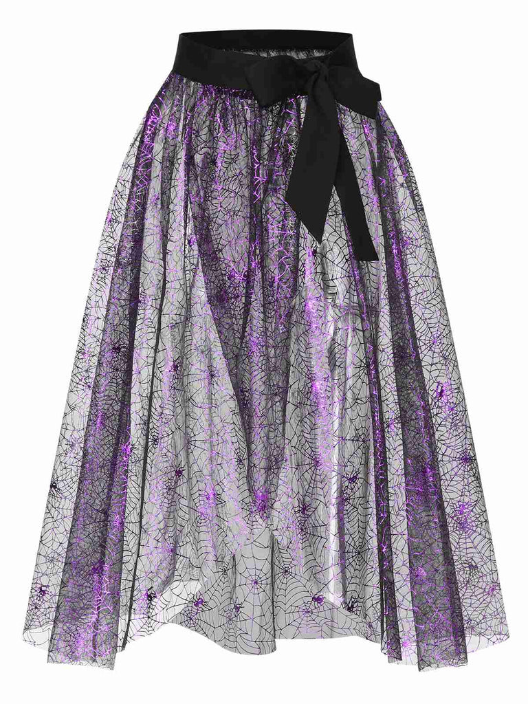 2PCS Tuta corta e gonna a rete a ragnatela nero e viola anni '50