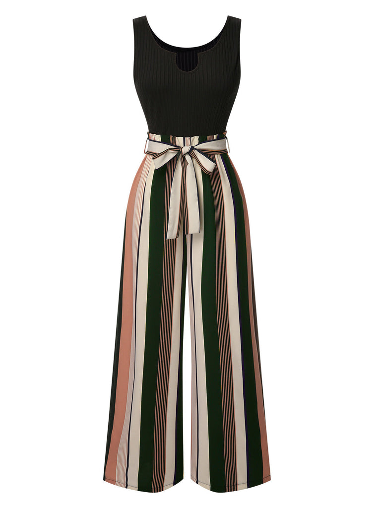 Tuta lunga a righe in maglia cintura verde anni '50