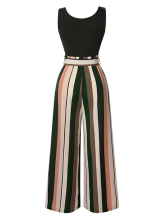 Tuta lunga nera a righe in maglia cintura anni '50