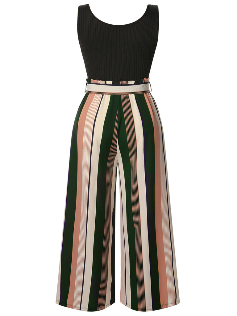 [Taglia Forti] Tuta lunga nera a righe in maglia cintura anni '50