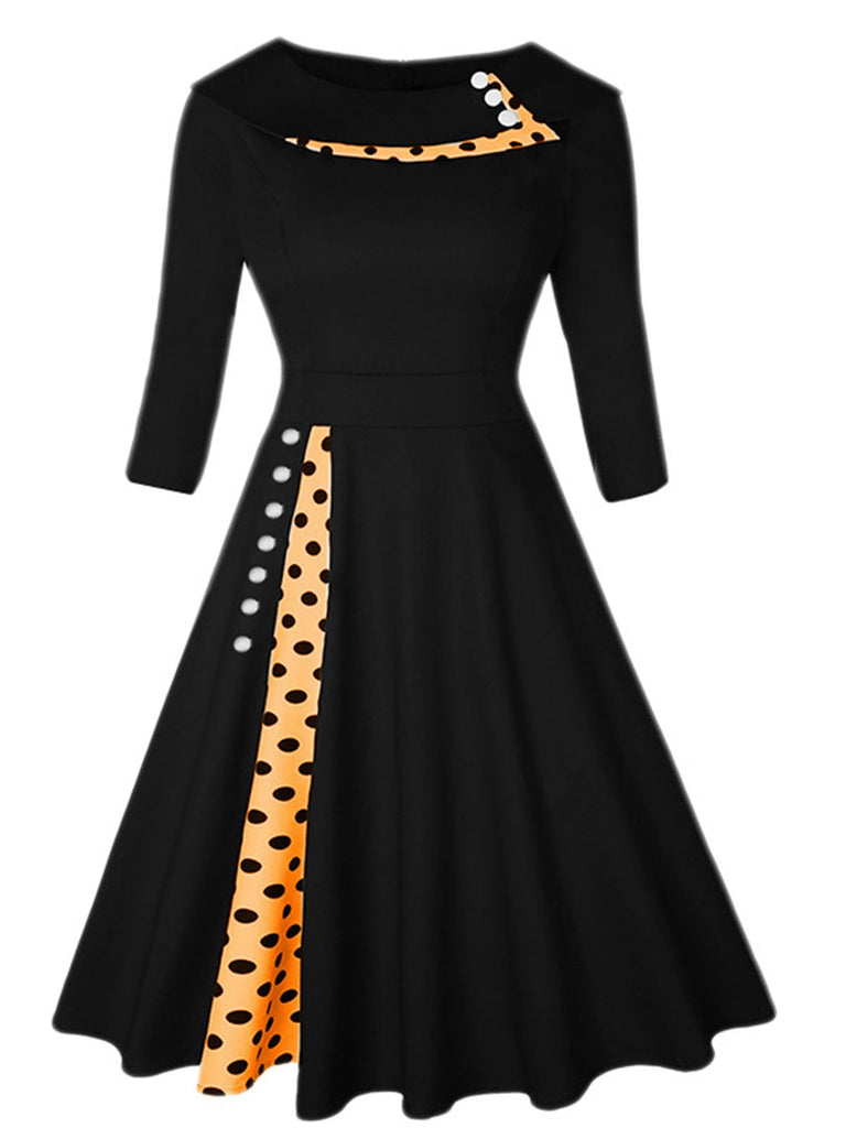 Abito patchwork a pois con ampio risvolto nero anni '50