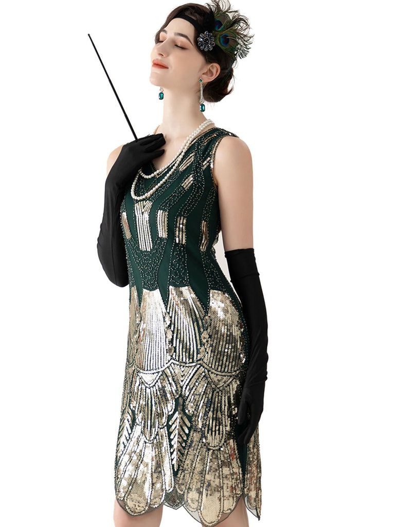 Abito verde scuro scollo a V paillettes anni '20