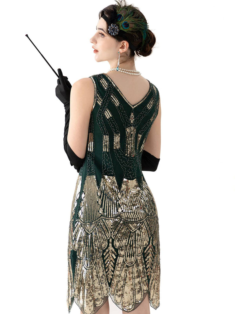 Abito verde scuro scollo a V paillettes anni '20