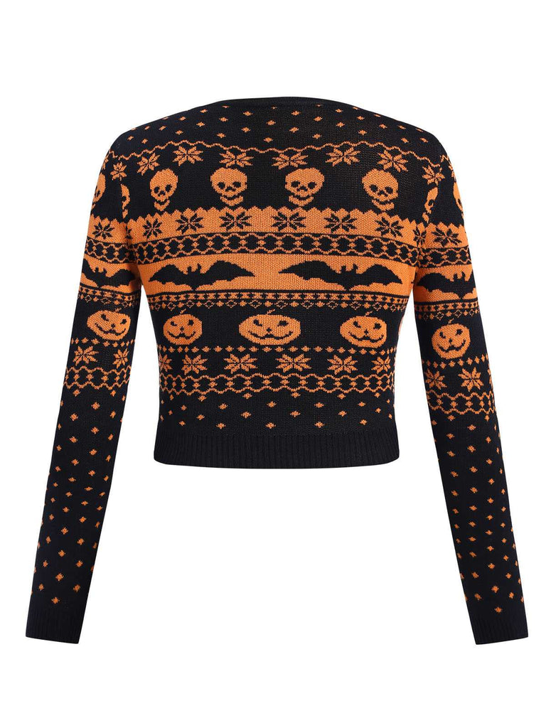 Maglione corto nero con teschio e pipistrello di Halloween anni '70