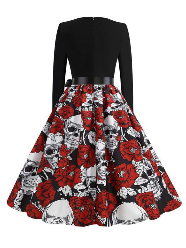 Abito teschio rose con colletto a petalo Halloween nero anni '50