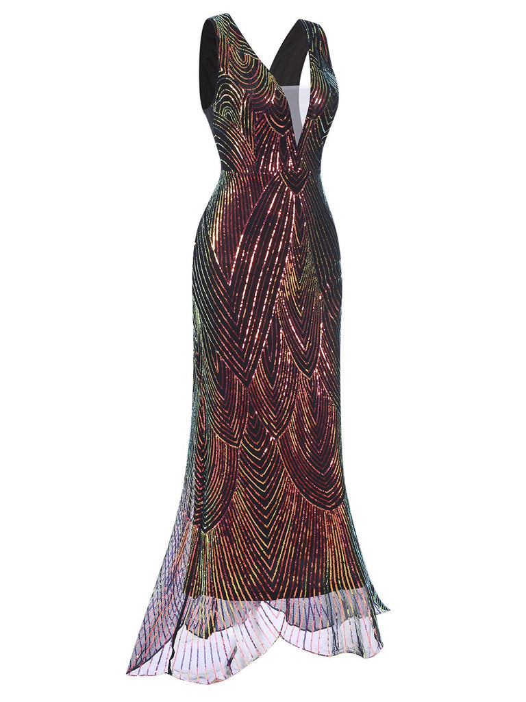 Abito a sirena paillettes scollo a V multicolore anni '20