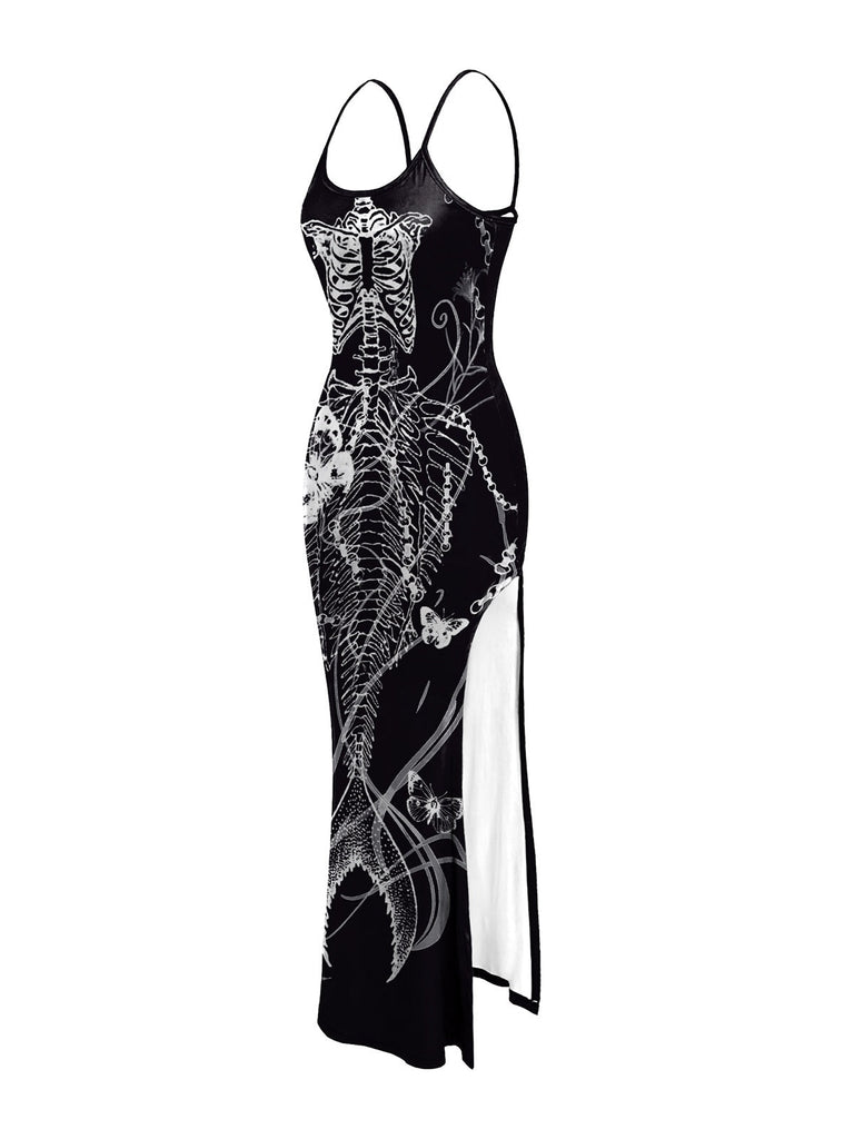 Abito stile scheletro sirena con spalline sottili nero anni '30