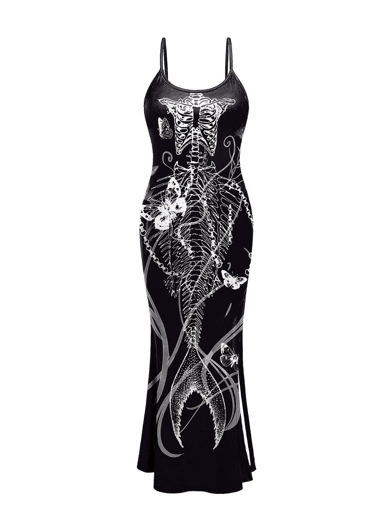 Abito stile scheletro sirena con spalline sottili nero anni '30
