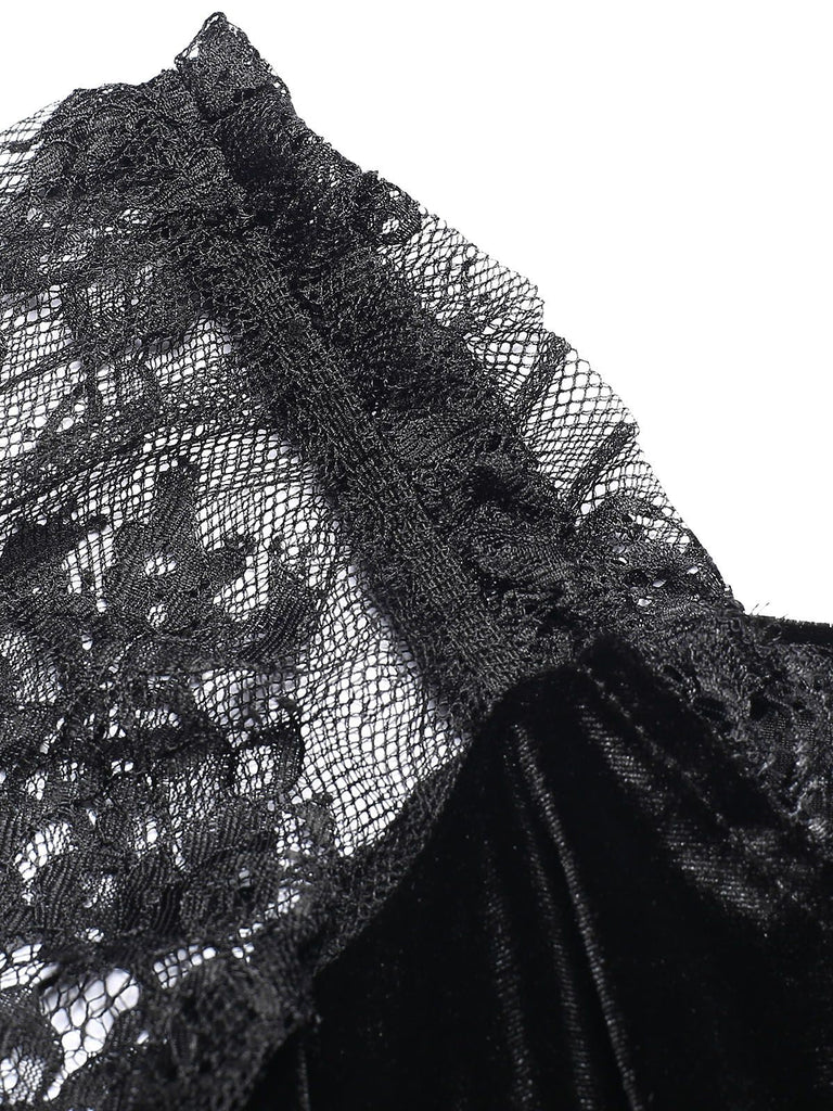 Abito patchwork svasato in pizzo di velluto anni '40