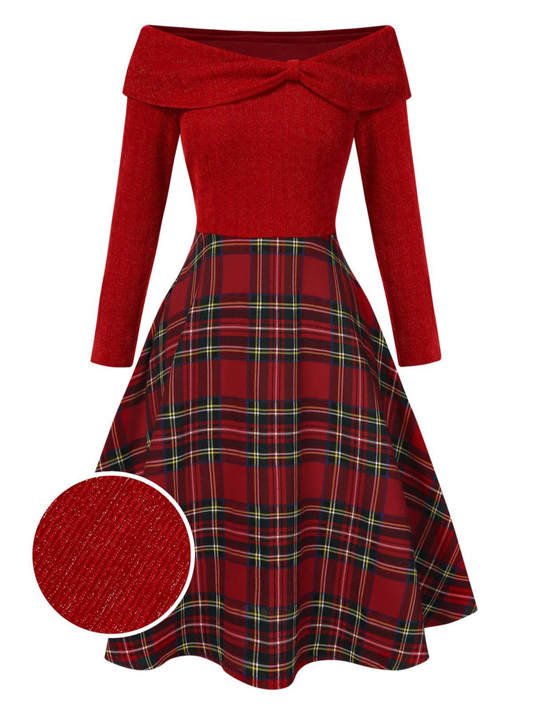 Abito a quadri con spalle scoperte stile natalizio rosso anni '50