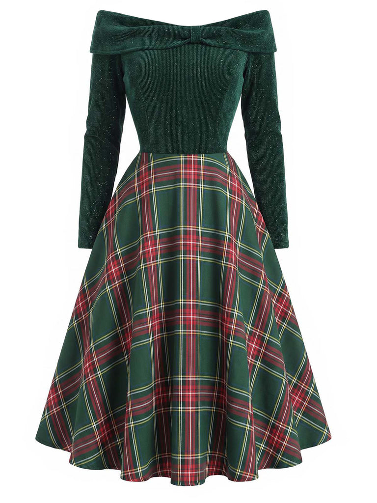 Abito a quadri con spalle scoperte stile natalizio rosso anni '50