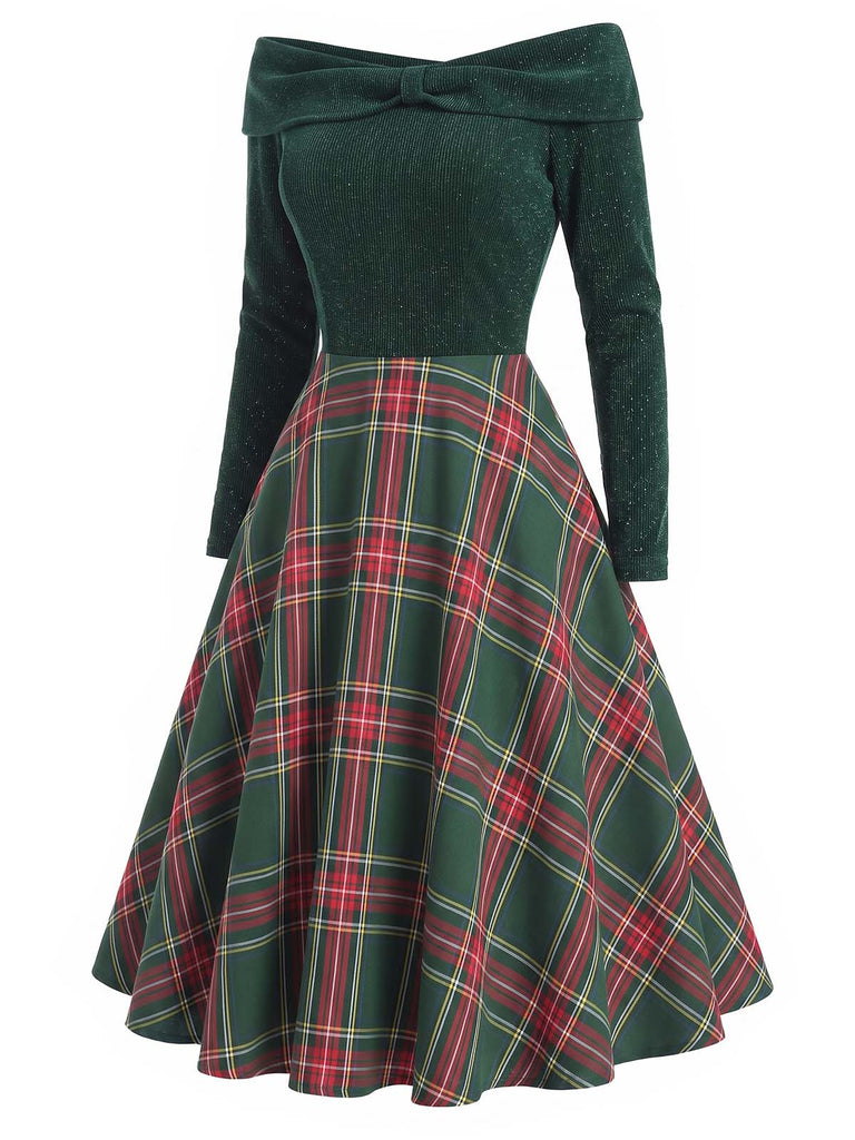 Abito a quadri con spalle scoperte stile natalizio rosso anni '50