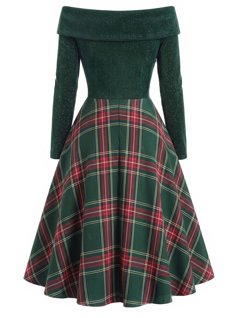 Abito a quadri con spalle scoperte stile natalizio rosso anni '50